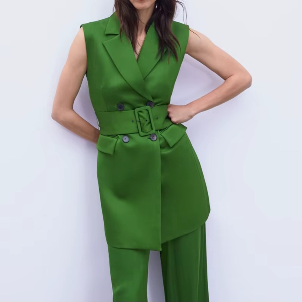 ZARA GREEN SATIN-FINISH WAISTCOAT WITH BELT SIZE S